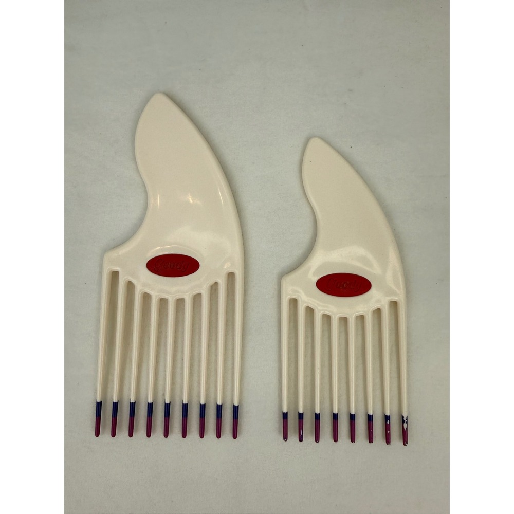 Vintage Goody Hair Pick Set 2 Piece Cream Plastic Blue Purple Tipped Tines Logo